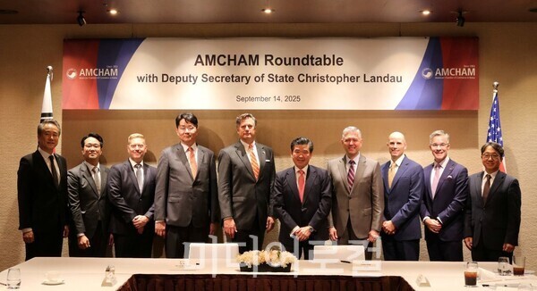 주한미국상공회의소(암참)가 지난 14일 그랜드 하얏트 서울 호텔에서 크리스토퍼 랜도 미 국무부 부장관과의 비공개 간담회를 개최했다. 조원태 한진그룹 회장(왼쪽에서 네 번째부터), 크리스토퍼 랜도 미국 국무부 부장관, 제임스 김 암참 회장 겸 대표이사, 헥터 비자레알 한국지엠 대표이사 사장.  (사진=암참)